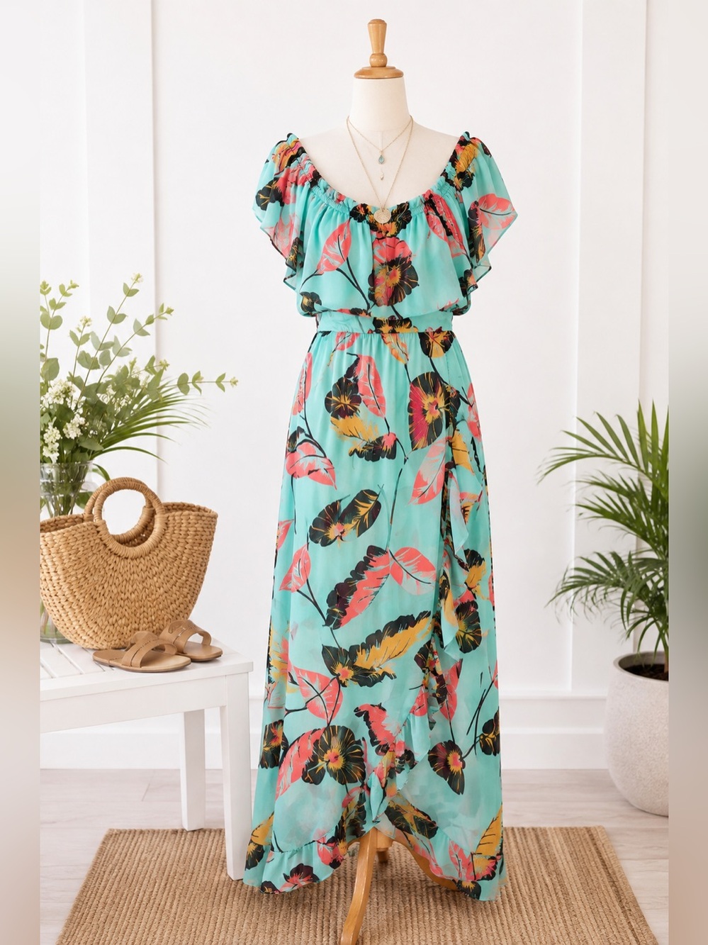 Express Tropical Floral Ruffle Maxi Dress Aqua Coral Yellow XL